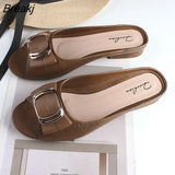 Women Summer Slippers 2023 New Square Buckle Casual Peep Toe Beach Shoes Fashion Flat Chunky Heels Sandalias Zapatillas