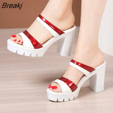 Patent Leather Platform Slides 2023 Summer Shoes Peep Toe Elegant High Heels Slippers Women Party Office