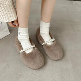 Women’s Plush Flat Shoes Fashion Pearl Cotton Shoes Outdoor Soft Sole Anti Slip Casual Shoes for Women Slip on Warm Fur