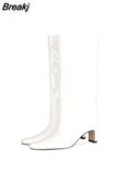 Knee-length Women's Boots Square Heel Plush Solid Color Slip-on Party Woman Boots Winter Women Low Heel Leather