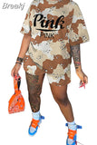 Women Camouflage Print Two Piece Sets Summer Letter Round Neck Tshirt And Shorts Tracksuits Casual Sport 2pcs