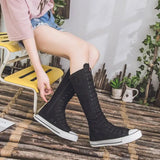 Top Women's Canvas Shoes Knee High Boots Side Zipper Flats Vulcanized Shoes Lace-Up Comfortable Platform Sneakers