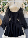 Short Party Dress Women Vintage Square Collar Hollow Out Mesh Puff Sleeve Lace up Slim Waist A Line Mini Club