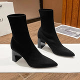Socks Heels Winter Shoes For Women Boots-Women Stockings 2024 Autumn Rubber Pointy High Heel Ankle Ladies Lace-Up