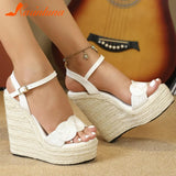 Wedge Heels Straw Sandals 2023 European Style Sexy Ankle Buckle Women's Shoes Summer Comfy Walking Fashion Simply
