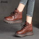 Genuine Leather Shoes Women Boots Lace-up Short Bare Boot Round Toe 2022 New Leisure Sewing Handmade Platform