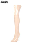Women Over Knee High Boots Woman Patent Leather Stretch High Heel Boots Sexy Ladies Pointed Toe Thin Heel Botas