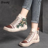 Retro Lady Flat Boots Lace UP Flower Designer Woman Fashion Shoes Genuine Leather Vintage Forest Boots Ankle Shoes