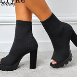 Fashion Square High Heels Knitted Stretch Fabric Ankle Socks Boots Femme Peep Toe Slip-On Platform Shoes For Women