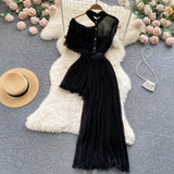 Stylish Women Shirt Solid Summer Fashion O-neck Cut-out One Shoulder Single Breasted Slim Waist Irregular Pleated Shirt