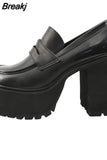Platform Loafers Heel Patent Leather Slip on Casual Shoes Women Lady Office Shoes Japanese Lolita Black 10cm Heels