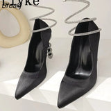 2023 New Fashion Crystal Ankle Strap Women Pumps Purple Silk Pointed Toe Rhinestone High Heels Party Banquet Stiletto