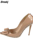 nude 12cm extreme high heels women shoes with bow rivets black red pointed toe shallow women pumps plus size MD002