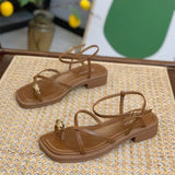 Women 2023 Summer New Fashion Square Toe Roman Shoes Simple Fairy Strap Women Shoes Flat Casual Shoe Sandalias De