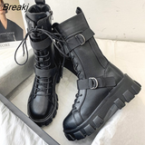 Women Mid-Calf Boots Autumn Winter Punk Genuine Leather Boots Women Zipper Cross-tied Riding Boots High Heels Shoes