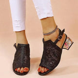 Women Summer Glitter Sandals Rhinestone Sandals Ladies Buckle Strap Round Toe Bling Med Heel Shoe Sandals for Women