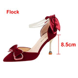 Ankle Strap Pumps Women Luxury Bowknot Red Dance Shoes Woman Sexy Pointed Toe Velvet Stiletto High Heels Sapatos