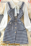 Women Two Piece Set 2023 Korean Fashion Bowtied Collar White Blouse and Spaghetti Strap Single Breasted Mini Tweed Dress
