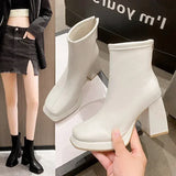 Women Ankle Boots Square High Heel Ladies Short Boots Woman Fashion PU Leather Round Toe Platform Boots Female