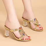 Diamond Sandals, Women's High-Heeled Slippers, Summer Rough Heels With Diamond-Encrusted Crystals, Fashionable Heels, Sandals And