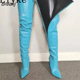 2023 New Green Leather Over The Knee Thigh High Boots Women Sexy Pointed Toe Zip 11.5CM Heels Nightclub Stripper