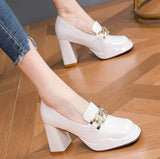 New Square Heels Chain Pumps Women Fashion Slip on Patent Leather Chunky Platform Shoes Spring Mary Janes Female High