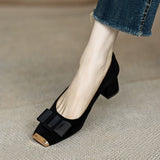 Breakj Retro Fashion Bow Shallow Single-Shoe Women Spring And Autumn New Square Head With Thick Heel High Heel