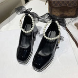Pearls Strap Square Heels Pumps Women Shoes 2023 Fashion Pu Leather Platform Mary Janes Woman High Heels Party Wedding