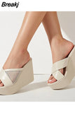 Summer 2023 New Arrivals Women's Sandals Peep Toe Wedge High Heels Slipper Shiny Rhinestones Comfy Walking