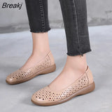 White Genuine Leather Ladies Breathable Summer Shoes Women Flats Slip-On Loafers Round Toe Soft Flat Shoes