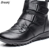 Genuine Split Leather Ladies Ankle Short Boots Soild Flat Flower Round Toe Plush Platform Women