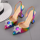Color Women Sandals Pointed Toe Sun Style Rhinestone High Heels Weeding Shoes Spike Heel Slingback Pumps