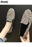 Women Flat Glitter Sneakers Casual Female Slip-On Bling Platform Comfortable Plus Size Loafer Shoes