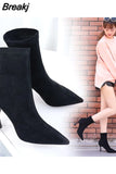 Women Ankle Boots Pointed Toe High Heel Stiletto Soft Suede Slip-on Boot Purple Black Red Cozy Botas Flock Booties