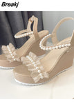 Leather Slides Platform Wedges Gladiator Sandals Women Summer Shoes Woman High Heels Sandals Small Plus Size 32 -