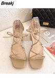 Summer Beige Heeled Sandals Female Shoe Cross-Shoes Square Toe All-Match Black Girls New High Clear Lace Up Comfort Block