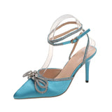 Stiletto Sandals, New Summer 2024 Crystal One-line Black Lace Rhinestone Bow 9cm High Heel Fashion Sandals,