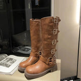 Knee High Boots Platfrom Shoes Studded Buckle Knight Boots Gothic Elegant Medium Heel Women's Shoes Motorcycle