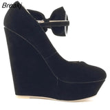 Flock Wedges Women Pumps High Heels Platform Ladies Bow Pump Fashion Round Toe Mary Janes Party Wedding