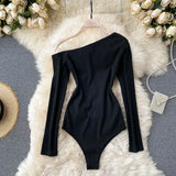 Shoulder Long Sleeve Basic Bodysuit Top Solid Rib Knit Slim Fit Stretch Spring Autumn Women Sexy Skinny