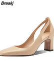Summer Footwear High Heels Square Shoes for Women 2023 Black on Heeled Pumps Toe Normal Leather Casual Fashion Offer