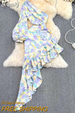 Women Floral Print Irregular Dress Spring Summer Sexy One Shoulder Long Sleeve Hollow Out Ruffles Beach Long