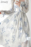 Summer French Elegant Floral Midi Dress Party Chiffon Vintage Fashion Dress Beach Long Sleeve Casual Dress Office Lady