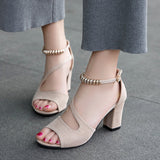 Spring Summer Sexy Fish Mouth Hollow Roman Sandals Thick With Word With Beaded High Heels Female Summer Sexy Female