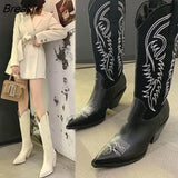 INS Winter Women Beige High Heels Wedges Long Boots Vintage Embroidered Knee Thigh High Boots Designer Riding Cowboy