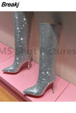 Women High Heels Shoes Crystal Rhinestone Pointed Toe Demonia Boots Stiletto Women's Knee High Boots Sexy Slip-On Botas De