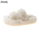 Women Platform Fur Fluffy Slipper Fashion Indoor Warm Plush Female Cotton Slippers Home Plus Size Flat Shoes Floor