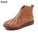 Women's Summer Boots Fashion 2023 New Genuine Leather Women's Sandals Hollow Design Non-slip Round Toe Ladies