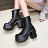Women Chunky High Heels Ankle Boots Pu Leather Thick Platform Gothic Booties Woman Back Zipper Short Boots Female