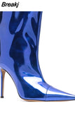 Ankle Boots Pointed Toe High Heels Shoes Nightclub Stiletto Shiny Leather Demonia Boots Metal Gold Women Mid Calf